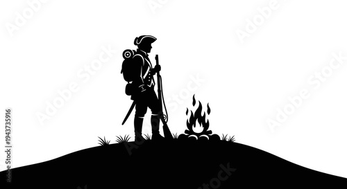 Silhouette of Revolutionary War Soldier by Campfire on Hilltop