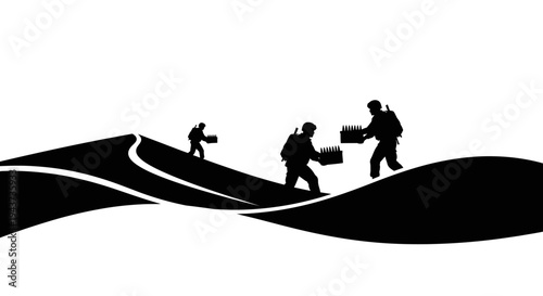 Silhouette of soldiers carrying supplies across desert dunes at sunset