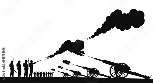 Silhouette of Soldiers Firing Cannons, Smoke Billowing Against White Background