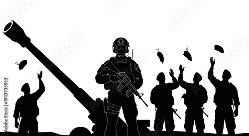 Silhouette of Soldiers Celebrating Victory with Artillery Gun and Falling Confetti