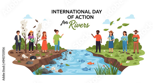Illustration for International Day of Action for Rivers promoting river conservation and freshwater protection awareness through ecosystem preservation.