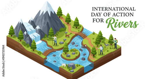 Illustration for International Day of Action for Rivers promoting river conservation and freshwater protection awareness through ecosystem preservation.