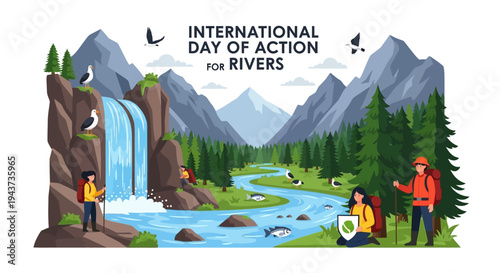 Illustration for International Day of Action for Rivers promoting river conservation and freshwater protection awareness with people in a natural landscape.