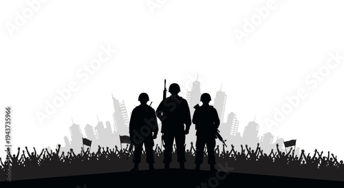 Silhouette of Soldiers Standing Guard Over City Skyline and Crowd