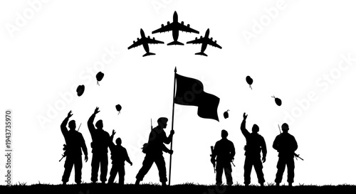 Silhouette of soldiers raising flag with fighter jets flying overhead