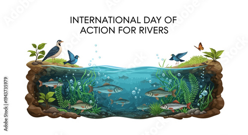 Illustration for International Day of Action for Rivers promoting river conservation and freshwater protection with aquatic life
