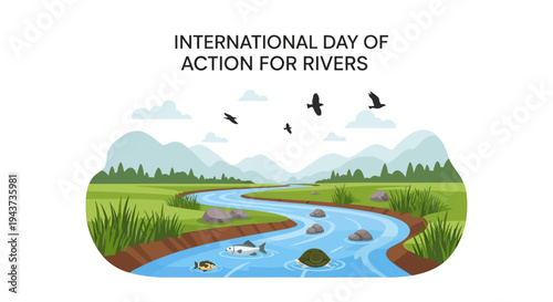 Illustration for International Day of Action for Rivers promoting river conservation and freshwater protection with a serene landscape