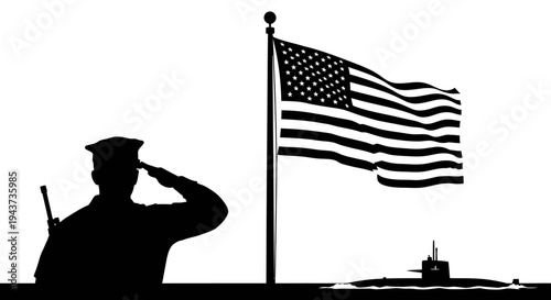 Silhouette of US Marine Saluting American Flag and Submarine