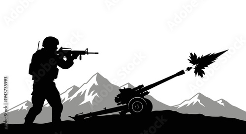 Silhouette Soldier Firing Artillery Gun on Mountain Background