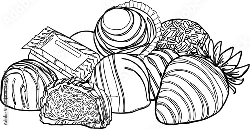 A detailed line art illustration of assorted gourmet chocolates and truffles.