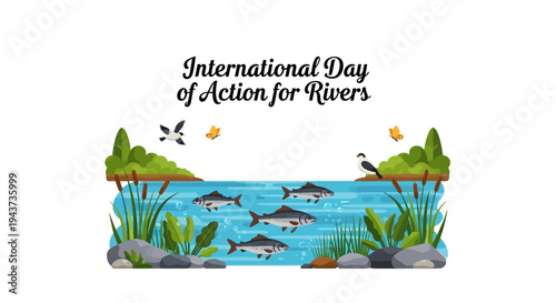 Illustration for International Day of Action for Rivers promoting river conservation and freshwater protection with fish and plants