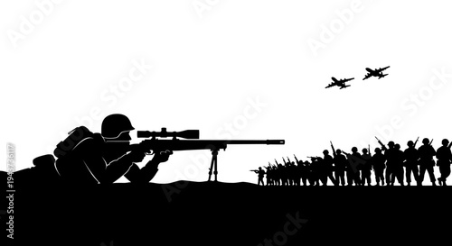 Sniper Aiming at Advancing Soldiers and Fighter Jets in Silhouette