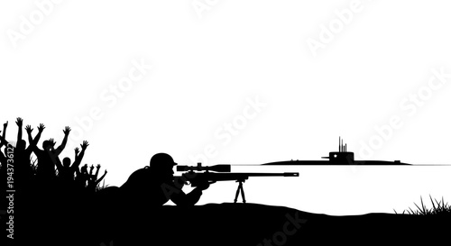 Sniper Aims at Submarine Silhouette with Crowd Watching