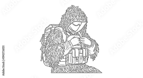 Sniper in Ghillie Suit with Backpack, Camouflage Soldier, Military Gear