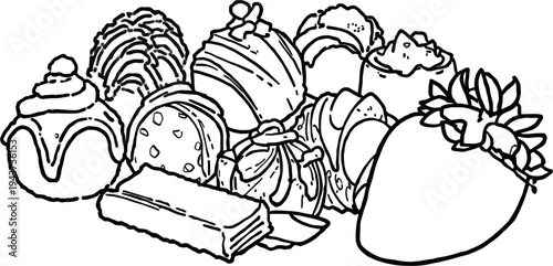 Detailed black and white line art illustration showcasing an assortment of gourmet chocolates, including truffles, bonbons, a chocolate bar, and a fresh strawberry.