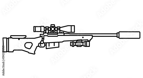 Sniper Rifle with Scope and Silencer - Outline Drawing