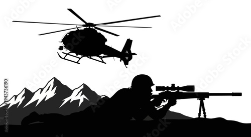 Sniper soldier aiming rifle with helicopter flying over mountains, military operation concept