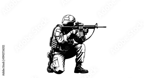 Soldier Aiming Rifle, Crouching Position, Military Combat, Tactical Gear, Silhouette