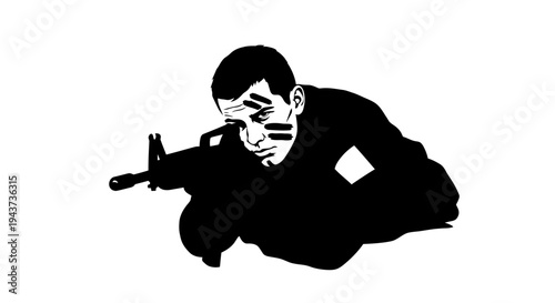 Soldier aiming rifle, camouflage face paint, tactical crouch, intense focus, military action