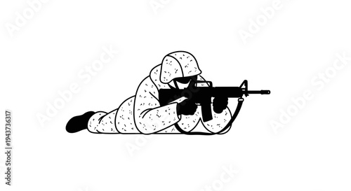 Soldier Aiming Rifle in Prone Position, Military Combat Training, Tactical Gear, Warfare Concept