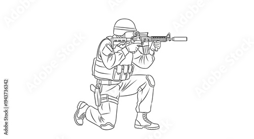 Soldier Aiming Rifle, Kneeling Pose, Tactical Gear, Military Action