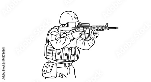 Soldier aiming rifle, tactical gear, combat readiness, military action, defense illustration