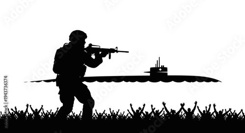 Soldier Aims Rifle at Submarine Silhouette with Crowd Hands Up