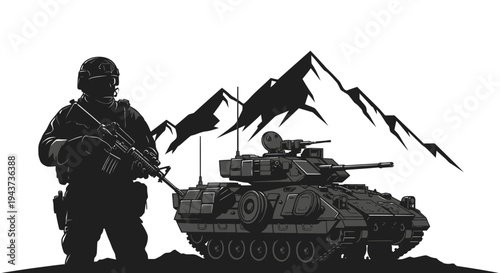 Soldier and Armored Tank in Mountainous Terrain - Military Operation Concept