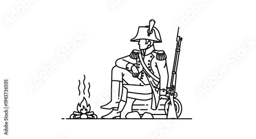 Soldier in historical uniform by campfire with rifle, resting during war