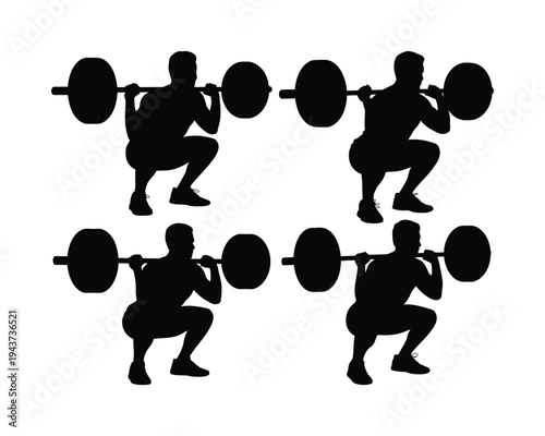Silhouette of a person performing squat weightlifting in four different positions barbell exercise