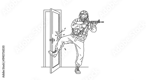 Soldier Kicking Open Door with Rifle, Tactical Entry, SWAT Team, Military Action