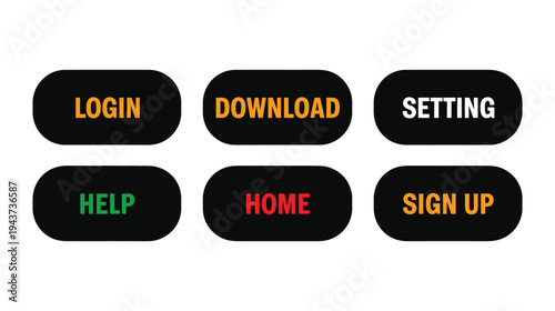 Six black rounded rectangle buttons with colored text labels login download setting help home sign up