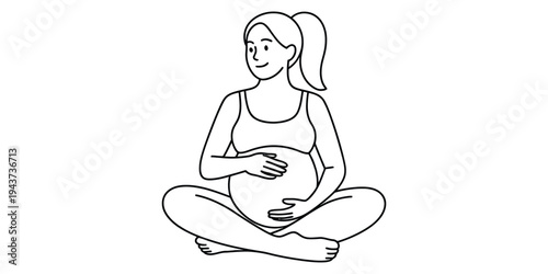 A line drawing of a happy pregnant woman sitting cross-legged and holding her belly