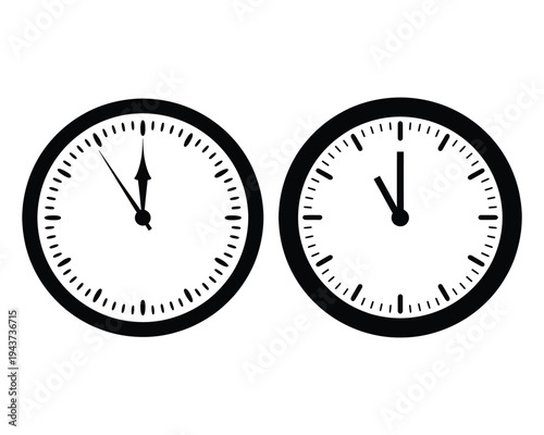 Two black and white analog clocks showing different times with simple minimalist