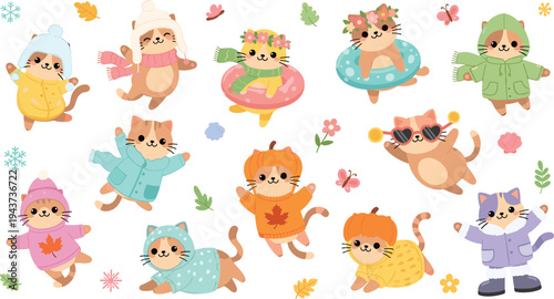 Cute cats in autumn and winter clothes collection with scarves, sweaters and coats, adorable seasonal cartoon kittens vector illustration set