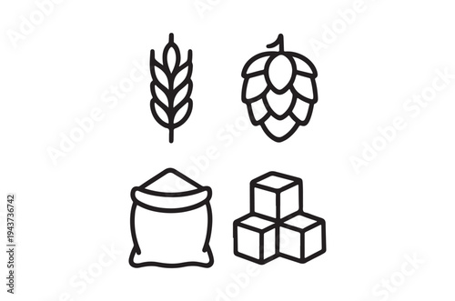 Line art illustration of barley hops and sugar components