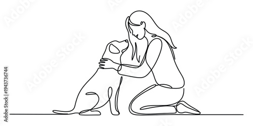 Continuous line drawing of a young woman kneeling down to hug her loyal pet dog affectionately.