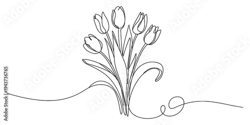 Continuous line art drawing of a beautiful bouquet of spring tulips with long stems and leaves