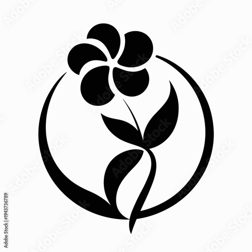 Minimalist black and white of a stylized flower with five petals and a circular outline