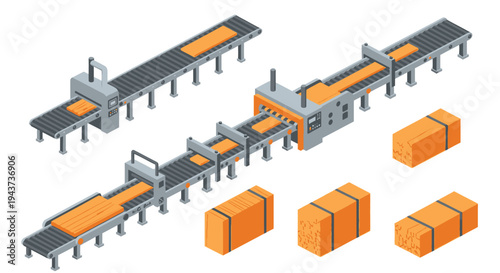 Isometric illustration of a conveyor belt system in a factory setting