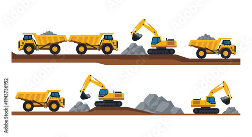 Illustration of yellow dump trucks and excavators at a quarry site