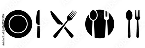 Minimalist black and white of plates and cutlery arranged in a sequence