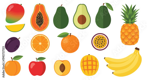 A colorful collection of various ripe fruits arranged on a white background