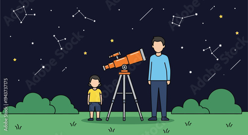 A father and child stargazing with a telescope under a starry night