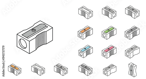 Isometric illustrations of colorful pencil sharpeners in various designs