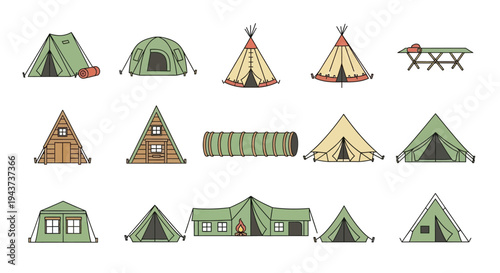 Various styles of camping tents and shelters in a flat vector illustration