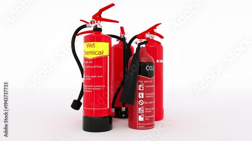 Group of Red Fire Extinguishers Wet Chemical, Foam, and CO2 Types for Fire Safety and Emergency Protection with Hose and Nozzle, Safety Equipment Instructions, and Labels on White Background