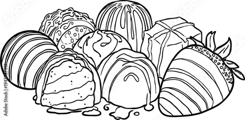 A delightful assortment of various gourmet chocolates and a chocolate-dipped strawberry, presented as a detailed line art drawing.