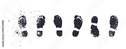 A sequence of dark footprints, including both bare feet and shoe prints, walking across a clean white background with subtle dust effects.