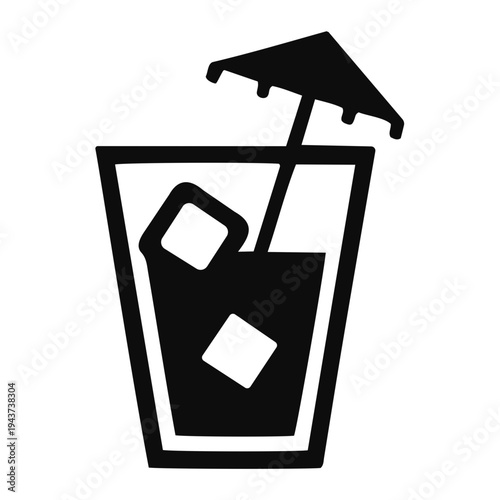 Refreshing Tropical beverage icon, showcasing a cool drink with ice, a straw, and a festive mini umbrella, ideal for summer vacation themes, party graphics, and refreshing menu designs